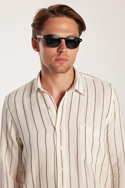 Tudors Regular Fit Klasik Kesim Oversize Keten Görünüm Pamuklu Çizgili Döküml...