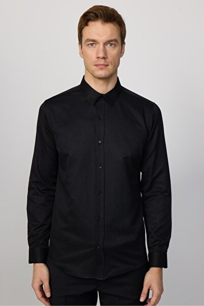 Tudors Modern Slim Fit Uzun Kollu Pamuklu Kolay Ütü Armürlü Erkek Siyah Gömlek