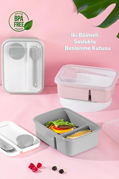 HOLLYHOME Lunch To Go Beslenme Kabı Bölmeli Sosluklu Plastik Beslenme Kutusu 920ml 40ml 14,5x20x7,4(H)cm Pudra