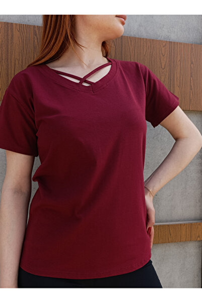 siyalife Ženska majica sa V-izrezom i detaljnim užetom, udobna K kroj bordo c...