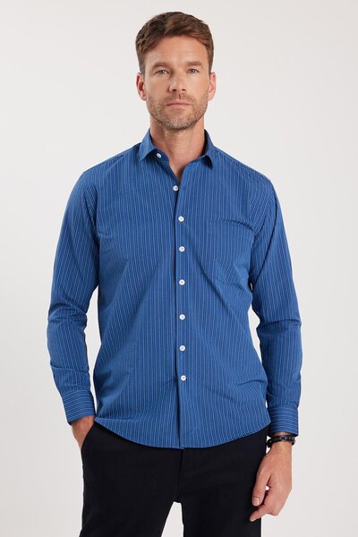 Tudors Erkek Regular Fit Klasik Kesim İnce Çizgili Pamuklu Kravatlık Yaka Gömlek