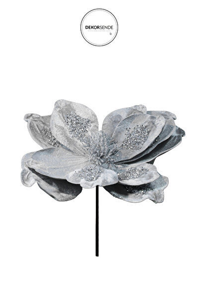 Dekorsende Yapay Kadife Taşlı Ponsetya Simli Manolya Dal Gri 20 cm