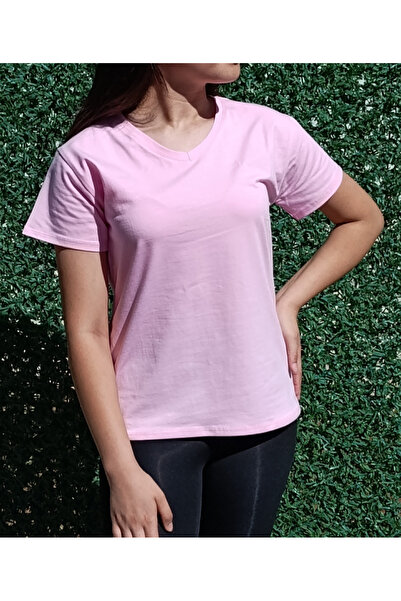 siyalife Tricou de bază roz cu decolteu în V pentru femei