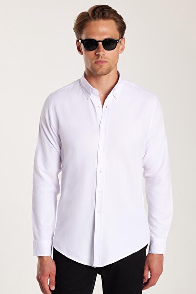 Tudors Erkek Slim Fit Dar Kesim Uzun Kollu Pamuklu Oxford Doku Kolay Ütü Beyaz Düğmeli Yaka Gömlek