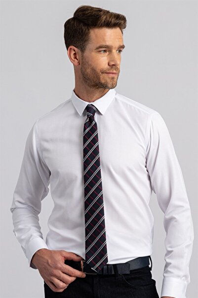 Tudors Modern Slim Fit Uzun Kollu Pamuklu Kolay Ütü Armürlü Erkek Beyaz Gömlek