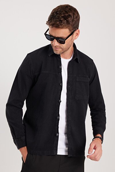 Tudors Regular Fit Rahat Kesim Cepli Denim Düğmeli Yaka Siyah Kot Gömlek