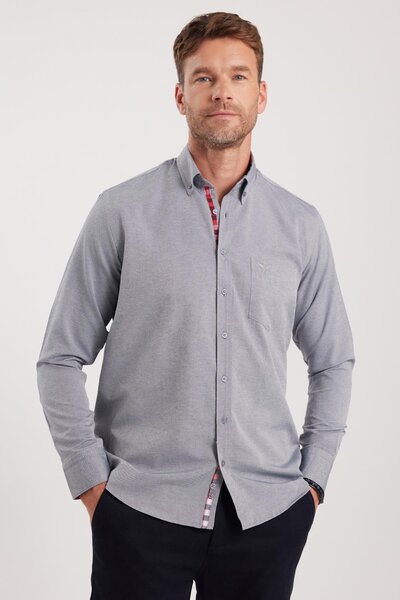 Tudors Men's Regular Fit Classic Cut Cotton Oxford Texture Single Pocket Gray Button Lapel Shirt