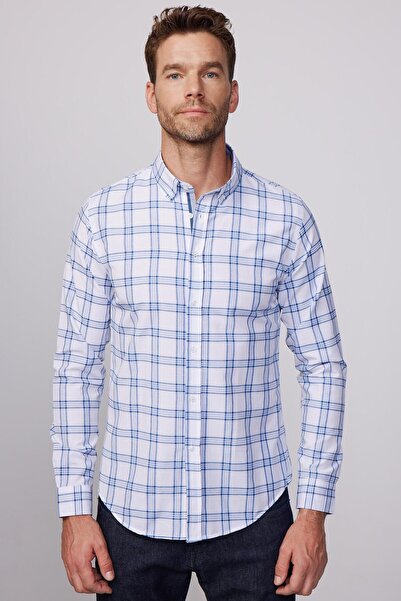 Tudors Erkek Slim Fit Dar Kesim Uzun Kollu Pamuklu Kolay Ütü Kareli Düğmeli Yaka Gömlek