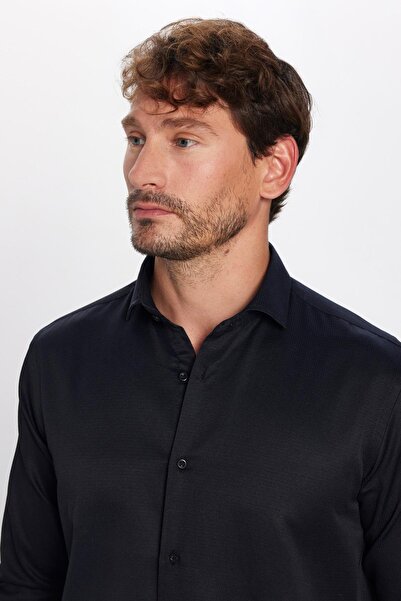 Tudors Erkek Regular Fit Klasik Kesim Pamuklu Kolay Ütü Armürlü Siyah Gömlek