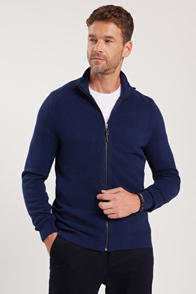 Tudors Erkek Standart Fit Normal Kesim Desenli Yarım Balıkçı Yaka Fermuarlı Lacivert Hırka