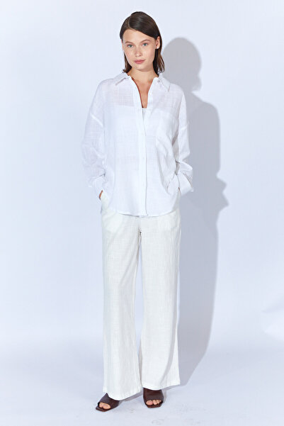 EDITION WOMAN Cămașă de damă din in viscoză albă, lavabilă, cu textura moale