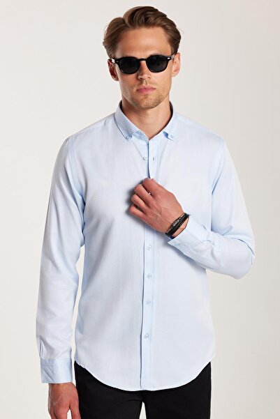 Tudors Erkek Slim Fit Dar Kesim Pamuklu Kolay Ütü Mavi Düğmeli Yaka Gömlek