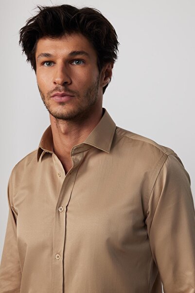 Tudors Erkek Modern Slim Fit Düz Saten Pamuklu Krem Gri Gömlek
