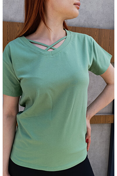 siyalife Tricou verde pentru femei, cu decolteu în V, cu detaliu de frânghie,...