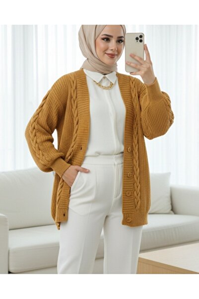 Modamorfo Zimní pletený kardigan ve skořicové barvě s detailem řetízku