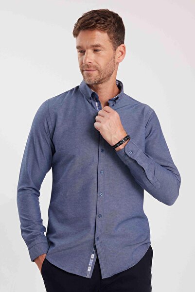 Tudors Erkek Slim Fit Dar Kesim Uzun Kollu Pamuklu Oxford Doku Lacivert Düğmeli Yaka Gömlek