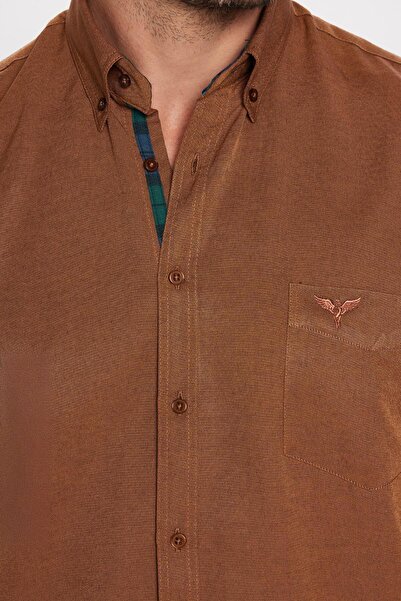 Tudors Men's Regular Fit Classic Cut Button Collar Cotton Easy Ironing Oxford Solid Brown Shirt