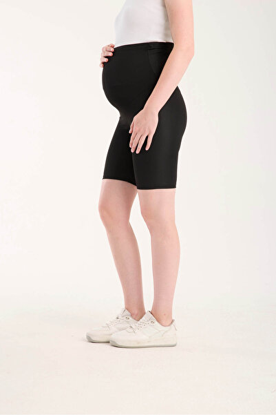 BANEGA Above Knee Biker Adjustable Recovery and Firming High Waist Stretchy Short Black Maternity Leggings