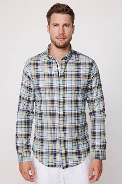 Tudors Erkek Slim Fit Dar Kesim Uzun Kollu Pamuklu Kolay Ütü Kareli Düğmeli Yaka Gömlek
