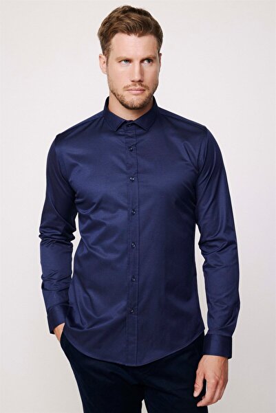 Tudors Slim Fit Uzun Kollu Likralı Düz Pamuk Saten Erkek Lacivert Gömlek