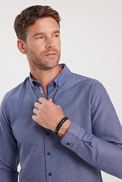 Tudors Erkek Slim Fit Dar Kesim Uzun Kollu Pamuklu Oxford Doku Lacivert Düğmeli Yaka Gömlek