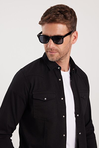 Tudors Slim Fit Uzun Kollu Gündelik Denim Kot Erkek Siyah Gömlek