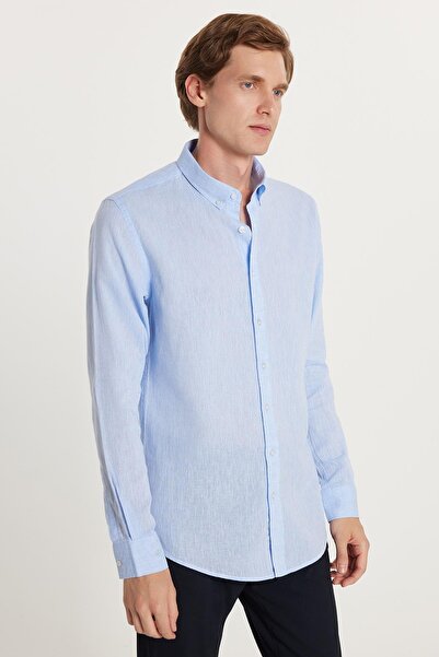 Tudors Erkek Slim Fit Dar Kesim Uzun Kollu Keten Premium Seri Düğmeli Yaka Sp...