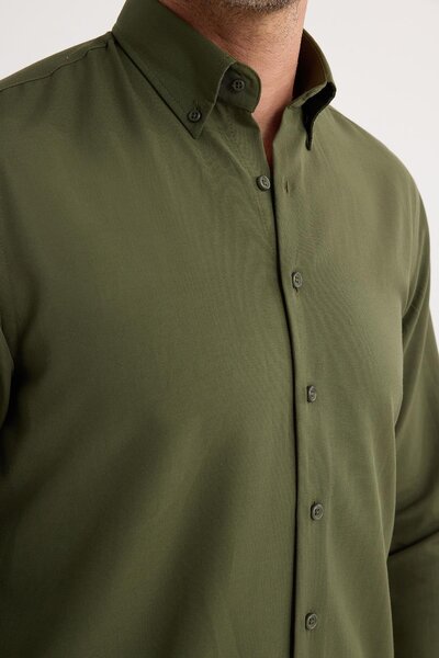 Tudors Regular Fit Düğmeli Yaka Pamuklu Kolay Ütü Oxford Düz Erkek Haki Gömlek