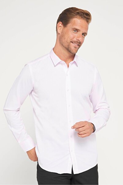 Tudors Modern Slim Fit Uzun Kollu Pamuklu Kolay Ütü Armürlü Pembe Erkek Gömlek
