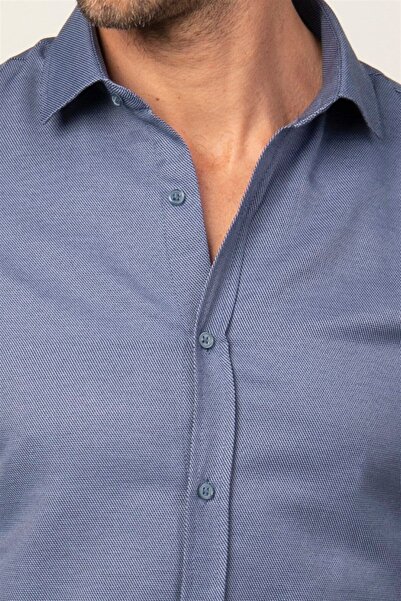 Tudors Modern Slim Fit Uzun Kollu Pamuklu Kolay Ütü Armürlü Erkek Lacivert Gömlek