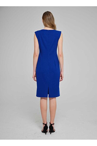 Selen Degaje Yaka Taşlı Saks Standart Kadın Elbise 25YSL7644