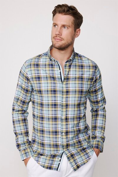 Tudors Erkek Slim Fit Dar Kesim Uzun Kollu Pamuklu Kolay Ütü Kareli Düğmeli Yaka Gömlek