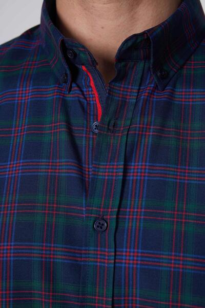 Tudors Erkek Slim Fit Dar Kesim Uzun Kollu Pamuklu Kolay Ütü Kareli Düğmeli Yaka Gömlek