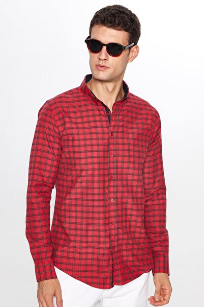 Tudors Erkek Slim Fit Dar Kesim Uzun Kollu Pamuklu Kolay Ütü Kareli Düğmeli Yaka Gömlek