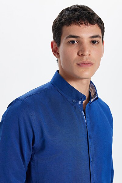 Tudors Мъжка риза с дълъг ръкав от памучен оксфорд плат в цвят саксони синьо,...