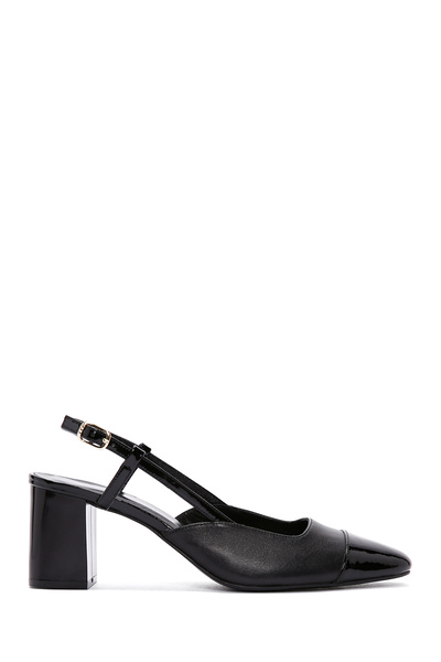 Derimod Women's Black Open Back Heeled Leather Shoes 25Sfd 160114