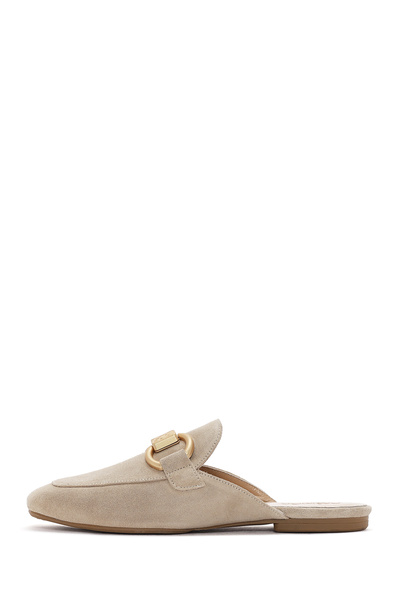 Derimod Women's Beige Buckle Suede Leather Slippers 25Sfd 200210