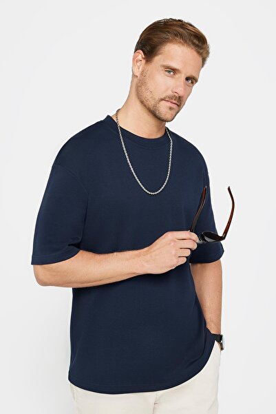 Tudors Футболка унісекс оверсайз широкого крою 100% бавовна з м'якою текстурою з базовою шиєю екіпажу темно-синього кольору