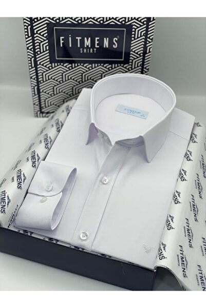 Fitmens قميص رجالي بقصة ضيقة وأكمام طويلة من الساتان في صندوق هدايا سهل الكي FS-002968 - أبيض