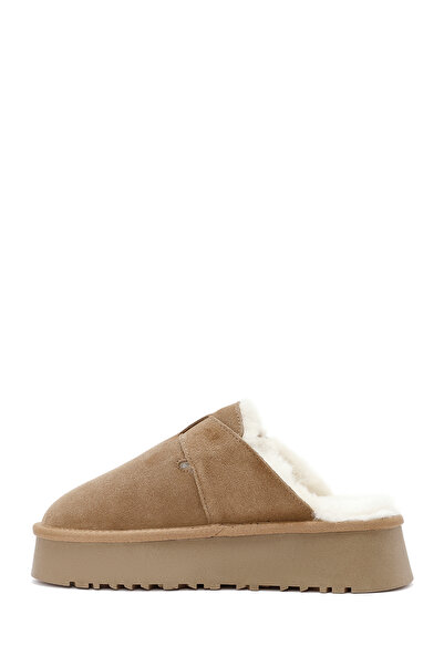 Derimod Women's Camel Thick Sole Fur Detailed Suede Leather Slippers 24Wfd 478010