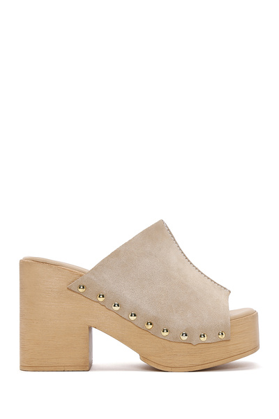 Derimod Women's Beige High Thick Heeled Suede Leather Slippers 25Sfd 150410