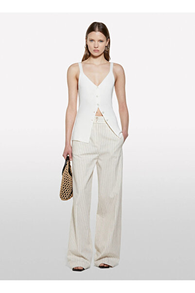 Sisley Women's Cream Mix Linen Blended Buttoned High Waist Palazzo Trousers