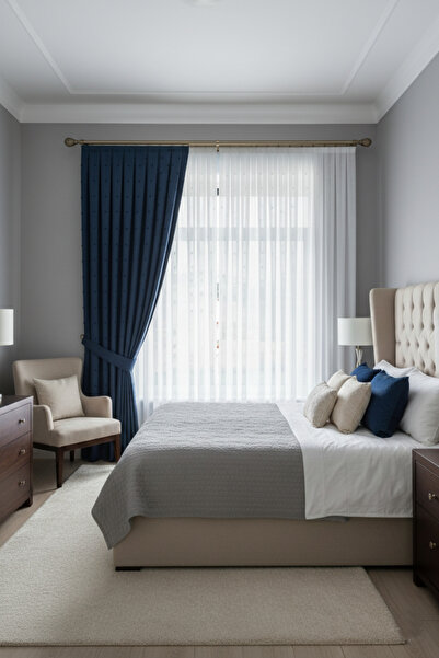 Madame Dower Perdele nordică cu fundal albastru cu pompon — o singură lamă — pliuri înguste 1x3 — pentru sufragerie și living — potrivită pentru cornișe