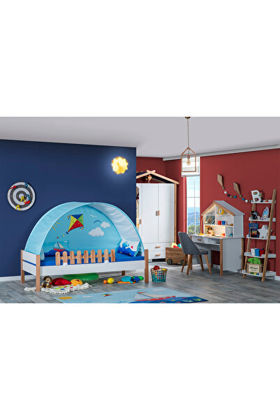 benim odam My House Çocuk Odası Montessori Takımı Kaydıraklı Karyola Ve Mavi Oyun Evi