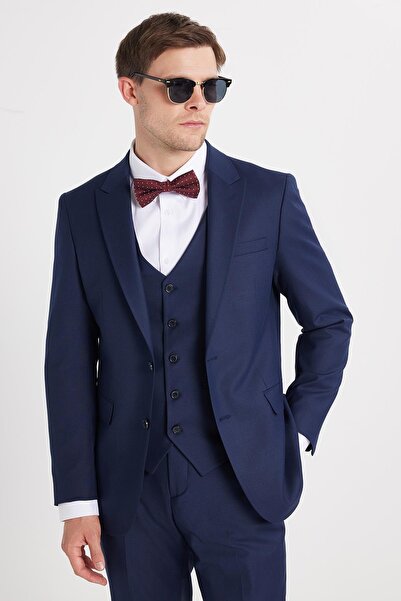 Tudors Erkek Slim Fit Lacivert Esnek Likralı Kumaş Sivri Yaka Yelekli Takım Elbise