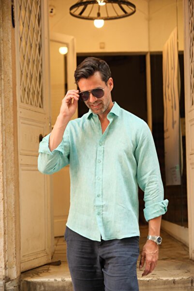 Fitmens Slim Fit Uzun Kol %100 Keten Nefes Alabilen Kumaştan Hediye Kutulu Erkek Gömlek FS-004170 - Mint