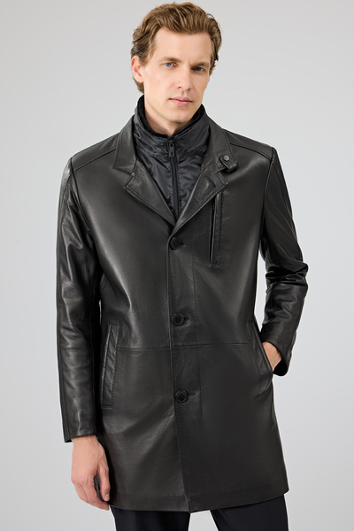 Derimod Barella Men's Black Collar Shearling Leather Trench Coat 24Wgd6550U4