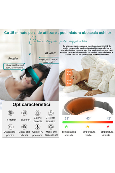 ILA PRODUCT Ochelari smart masaj ochi, vibratii si aer, 3 trepte incalzire, Bluetooth, alb