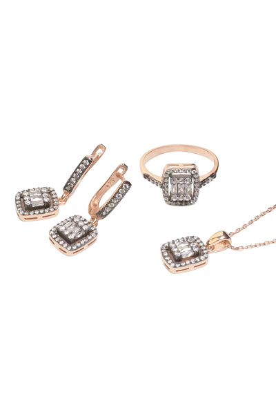 aga kulche Baget Taşlı Gümüş Takı Seti Elmaz Montür S32EB 925