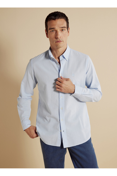 BROOKS BROTHERS Slim Fit Düğmeli Yaka Mavi Erkek Gömlek BBSS25MSH024